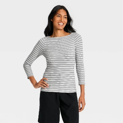 Women's Refined Ribbed Boat Neck Top - A New Day™ Off-White Striped XS | Target