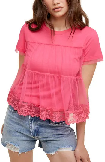 WISHLIST Short Sleeve Embroidered Mesh Babydoll Top in Pink at Nordstrom Rack, Size Small | Nordstrom Rack