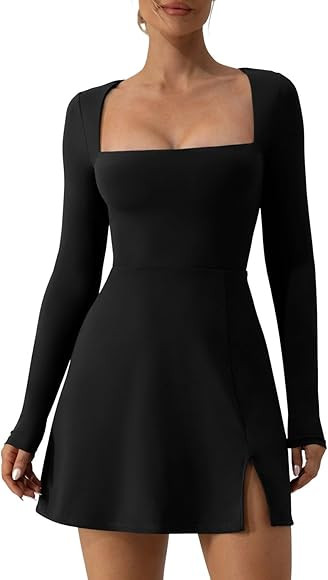 QINSEN Womens Square Neck Bodice Dress Long Sleeve Side Slit Flare Mini Dresses | Amazon (US)