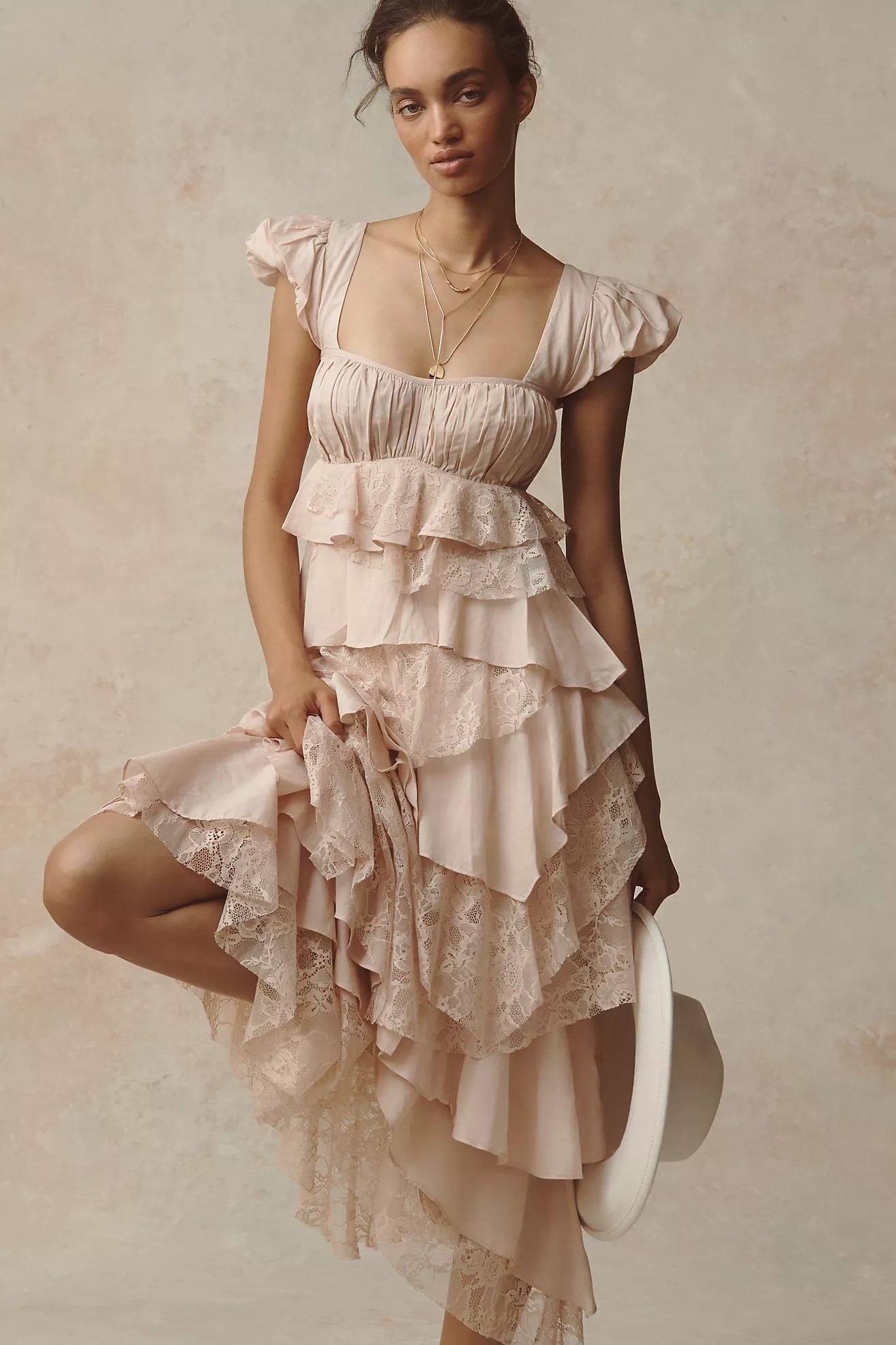By Anthropologie Cap-Sleeve Square-Neck Ruffle Midi Dress | Anthropologie (US)