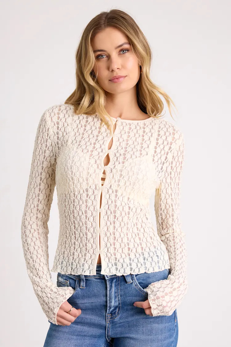 Collie Ivory Sheer Lace Button-Front Cardigan | Lulus