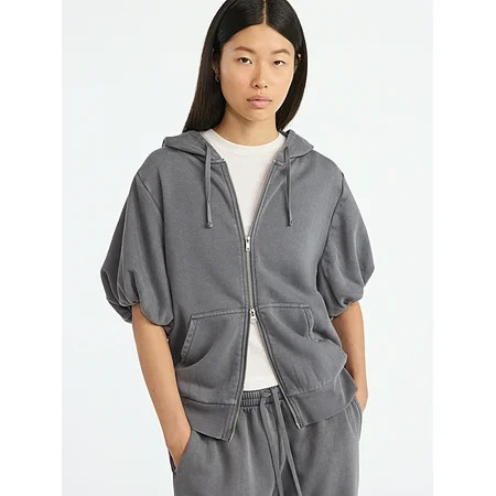 Scoop Women’s Mineral Washed Zip Hoodie with Short Puff Sleeves, Sizes XS-XXL | Walmart (US)