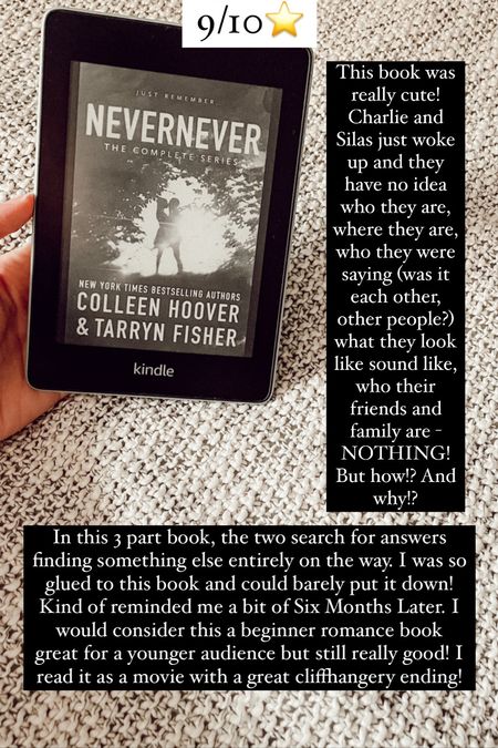 50. Never Never by Colleen Hoover & Tarryn Fisher 9/10⭐️. This book was really cute! Charlie and Silas just woke up and they have no idea who they are, where they are, who they were saying (was it each other, other people?) what they look like sound like, who their friends and family are - NOTHING! But how!? And why!? In this 3 part book, the two search for answers finding something else entirely on the way. I was so glued to this book and could barely put it down! Kind of reminded me a bit of Six Months Later. I would consider this a beginner romance book great for a younger audience but still really good! I read it as a movie with a great cliffhangery ending! 

#LTKtravel #LTKhome