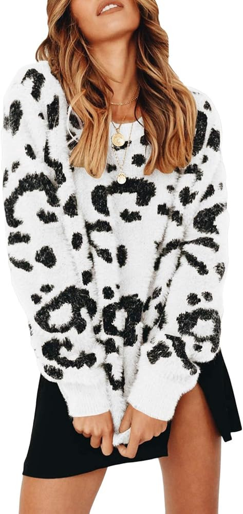 Saodimallsu Womens Leopard Crewneck Sweater Oversized Casual Loose Basic Sherpa Pullover Knit Jum... | Amazon (US)