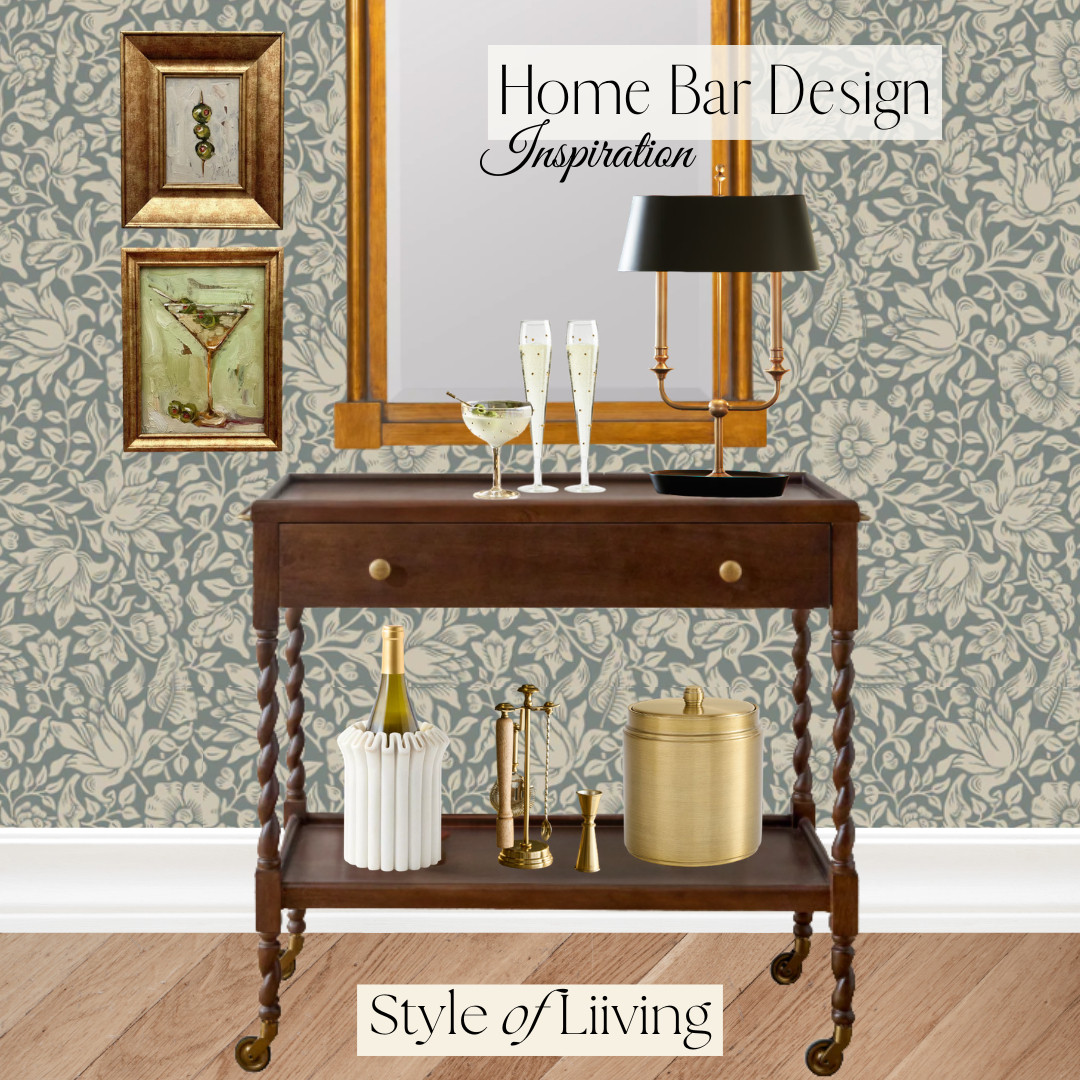 Home bar design inspiration! Bar cart from Magnolia, wallpaper from McGee & Co x Morris & Co. Buffet lamp from Ballard Designs. Wall art from @etsy . Bar tools and accessories from Pottery Barn and Serena & Lily. Champagne flutes. #homebar #barcart #bar #homedecor #homestyle 

 #LTKSeasonal #LTKU #LTKHome