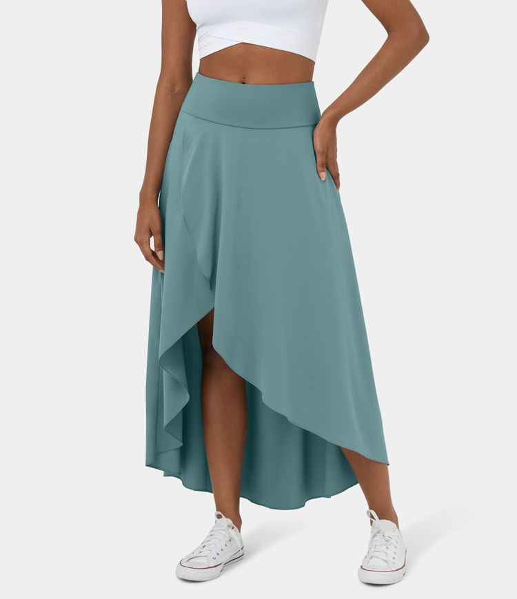 Breezeful™ High Waisted High Low Ruffle 2-in-1 Flowy Quick Dry Casual Regular Maxi Skirt | HALARA