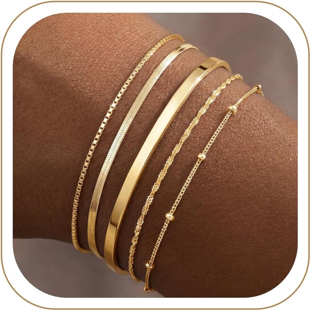 Dainty Gold Bracelet for Women Trendy Non Tarnish, Thin Bracelets Stackable Set with Bangle Cuff,... | Amazon (US)