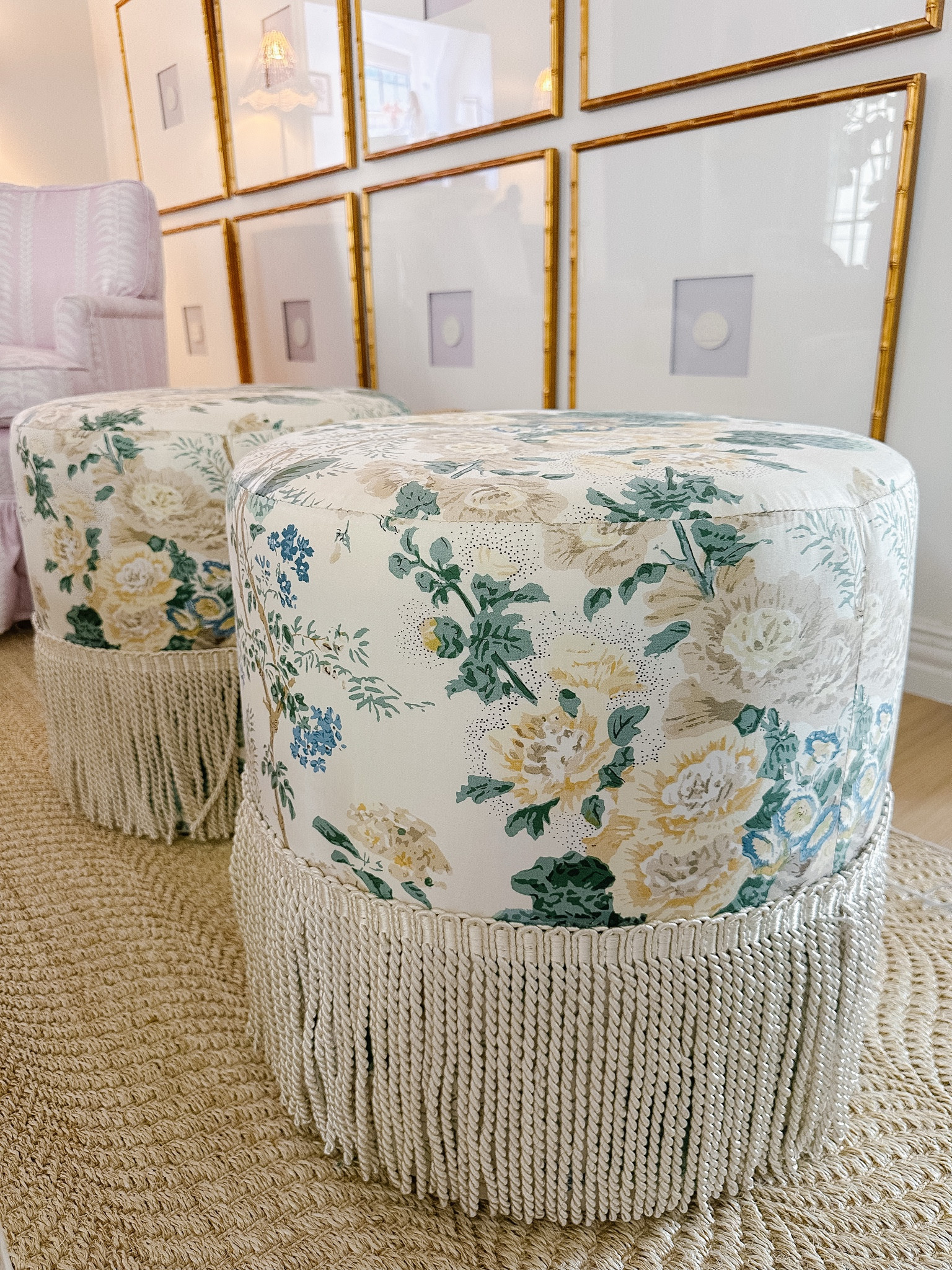 Lee Jofa Althea fringe ottomans. Ottoman is from target & I had it reupholstered. 