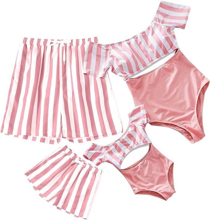 IFFEI Family Matching Swimwear One Piece Bathing Suit Striped Hollow Out Monokini Mommy and Me Be... | Amazon (US)
