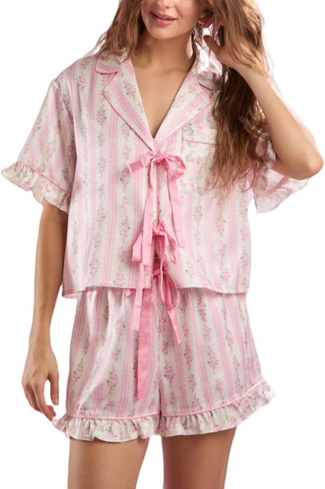 Womens 2 Piece Cute Bow Tie Front Pajamas Y2k Floral Silk Satin Ruffle Pjs Puff Sleeve Coquette L... | Amazon (US)