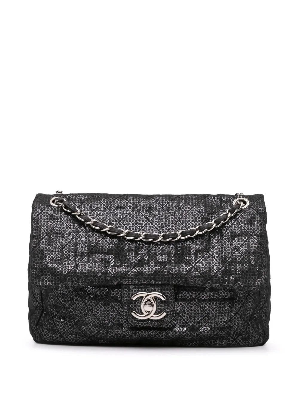 CHANEL Pre-Owned 2008-2009 Maxi Hidden Sequins Mesh Flap shoulder bag - Black | Farfetch Global