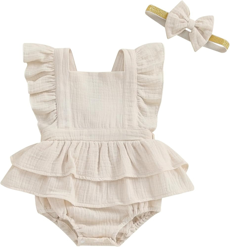 MERSARIPHY Newborn Baby Girl Summer Outfit Linen Ruffle Bubble Romper Dress One Piece Bodysuit Ju... | Amazon (US)