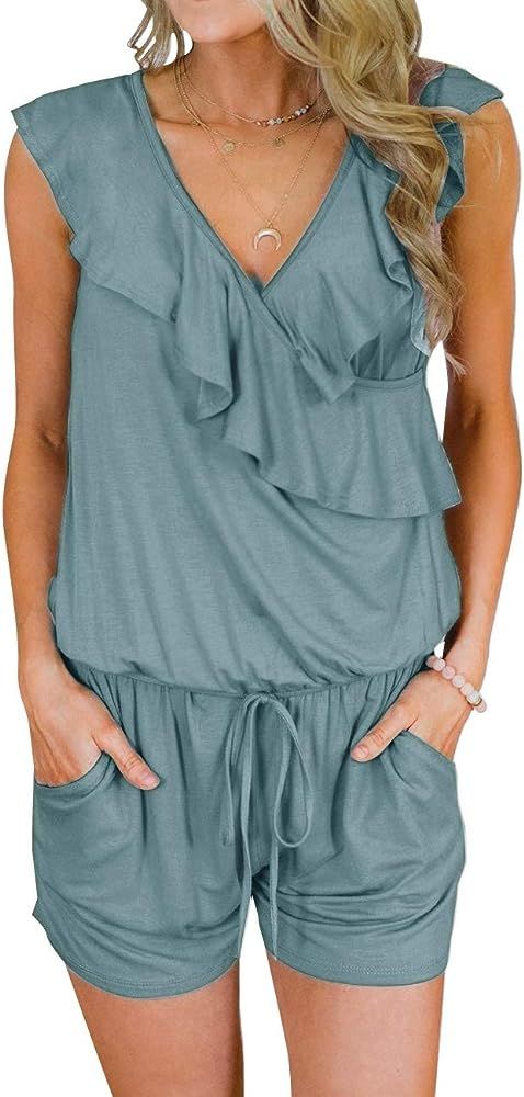 MEROKEETY Women's Summer V Neck Ruffles Sleeveless Shorts Elastic Waist Pockets Jumpsuit Rompers | Amazon (US)