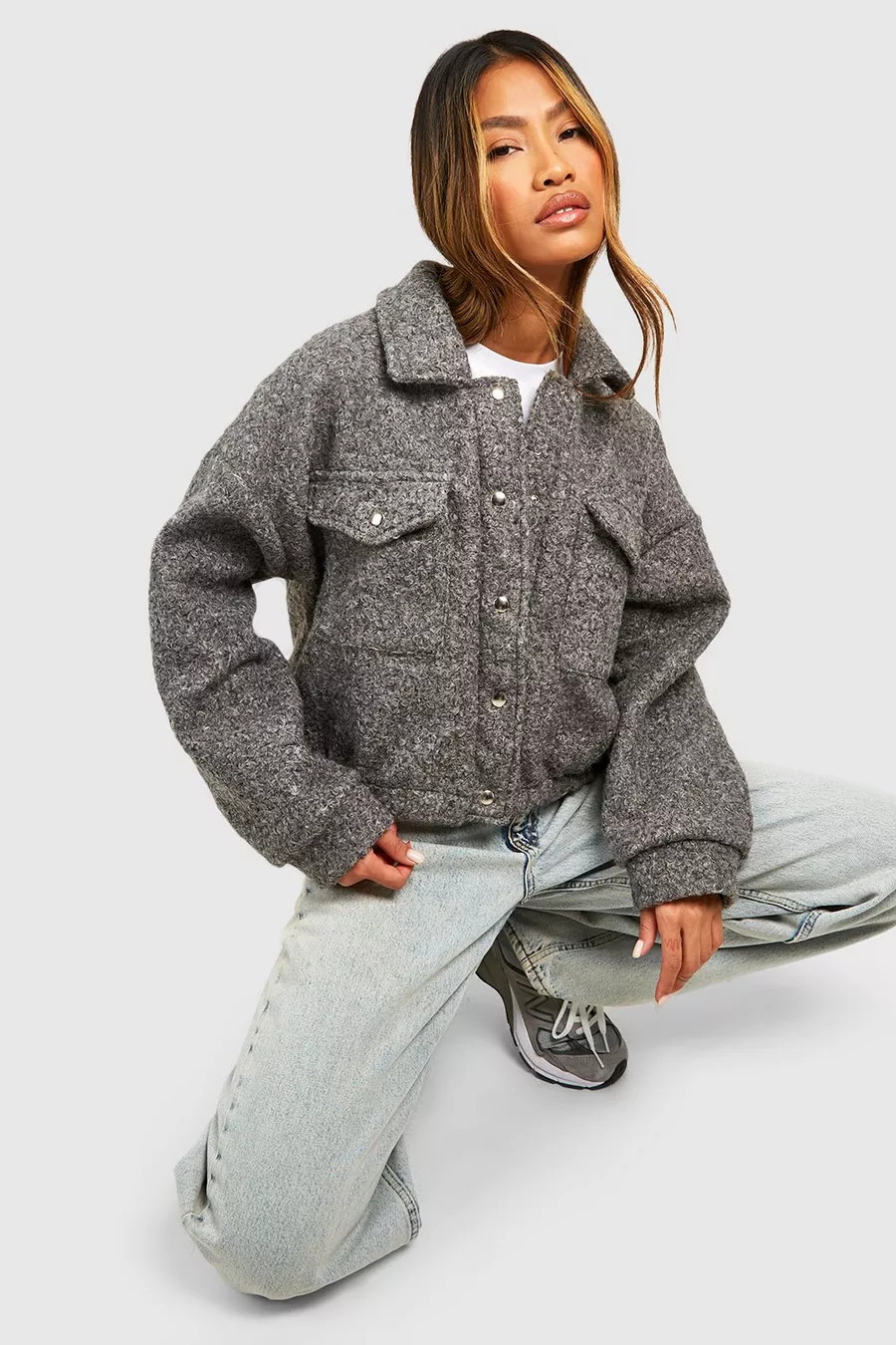 Textured Wool Look Crop Shacket | Boohoo.com (UK & IE)