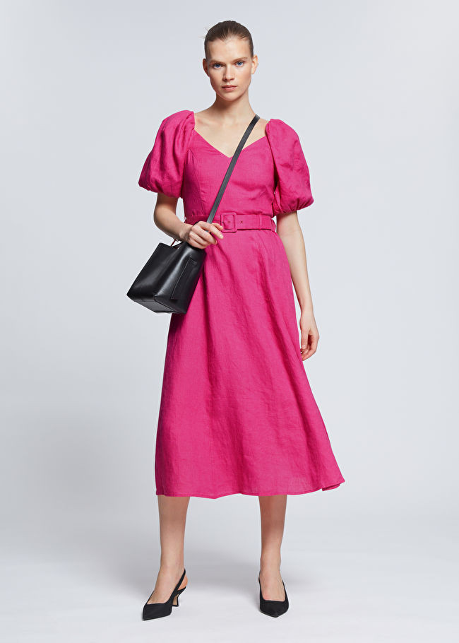 Linen Puff Sleeve Midi Dress | & Other Stories US