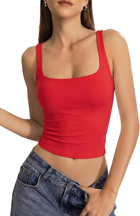 QINSEN Womens Tank Tops with Built in Bras Square Neck Double Lined Basic Sleeveless Workout Tops | Amazon (US)