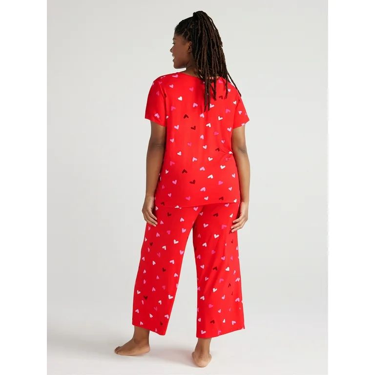 Joyspun Women’s Short Sleeve Scoop Neck Top and Cropped Pants Knit Pajama Set, 2-Piece, Sizes S... | Walmart (US)