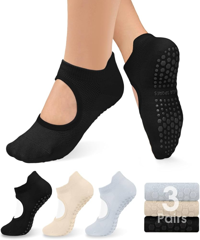 3 Pairs Grip Pilates Socks Non-Slip Yoga Socks for Women Pilates, Pure Barre, Barefoot Workout, P... | Amazon (US)