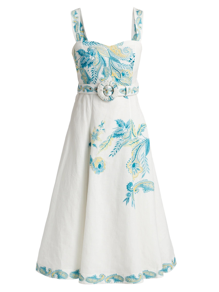 Women's Amari Embroidered Linen & Cotton Midi-Dress - White Floral - Size XS | Saks Fifth Avenue