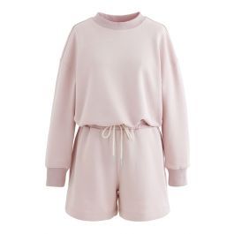 Round Neck Sweatshirt and Drawstring Shorts Set in Light Pink | Chicwish