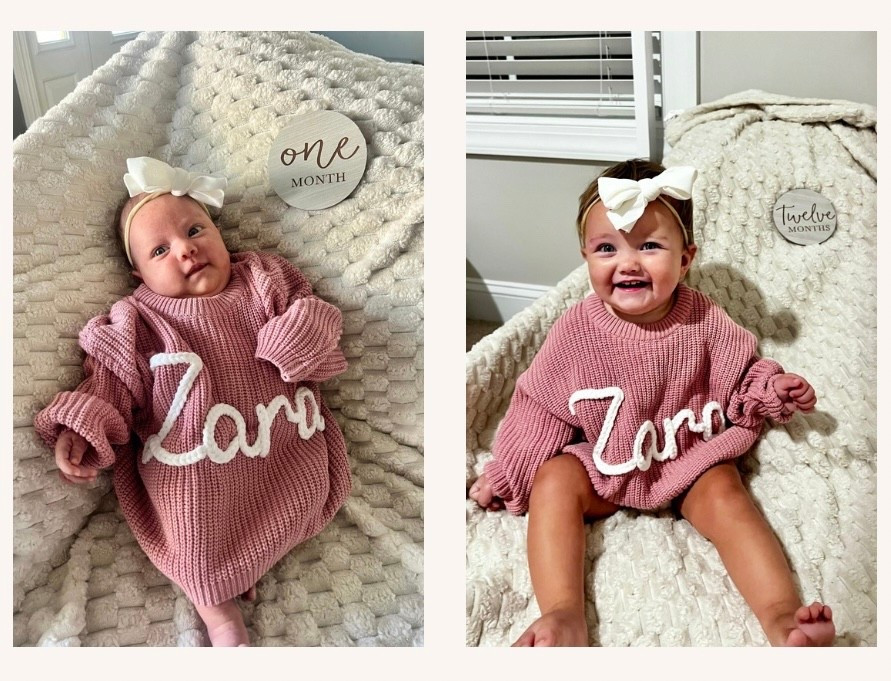 Look at the difference. 🥹 I ordered this before she was born in a 12 month and every month, I have taken a picture of her in it. 🥹🥹 she’s 12 months now 🥲

#LTKFamily #LTKBaby #LTKKids