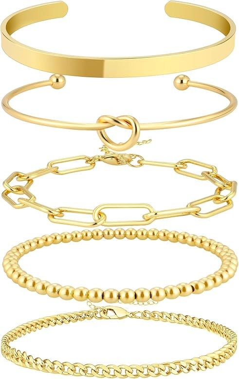 14K Gold Plated Bangle Cuff Bracelet Set for Women Bracelet Stack Adjustable Tennis/Beaded/Paperc... | Amazon (US)
