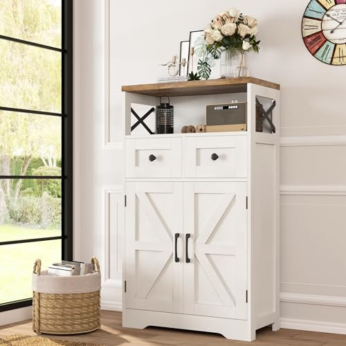 Befrases Farmhouse White Storage Cabinet with Doors and Drawers, Freestanding Kitchen Pantry Cabinet, Floor Storage Cabinet Hutch Cupboard for Kitchen/Laundry/Living Room/Bedroom | Amazon (US)