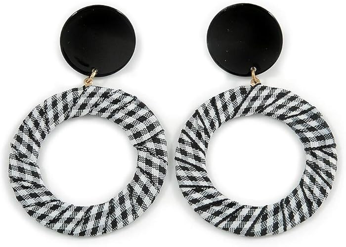 Black/White Fabric Covered Gingham Checked Drop/Hoop Earrings - 65mm Long | Amazon (US)