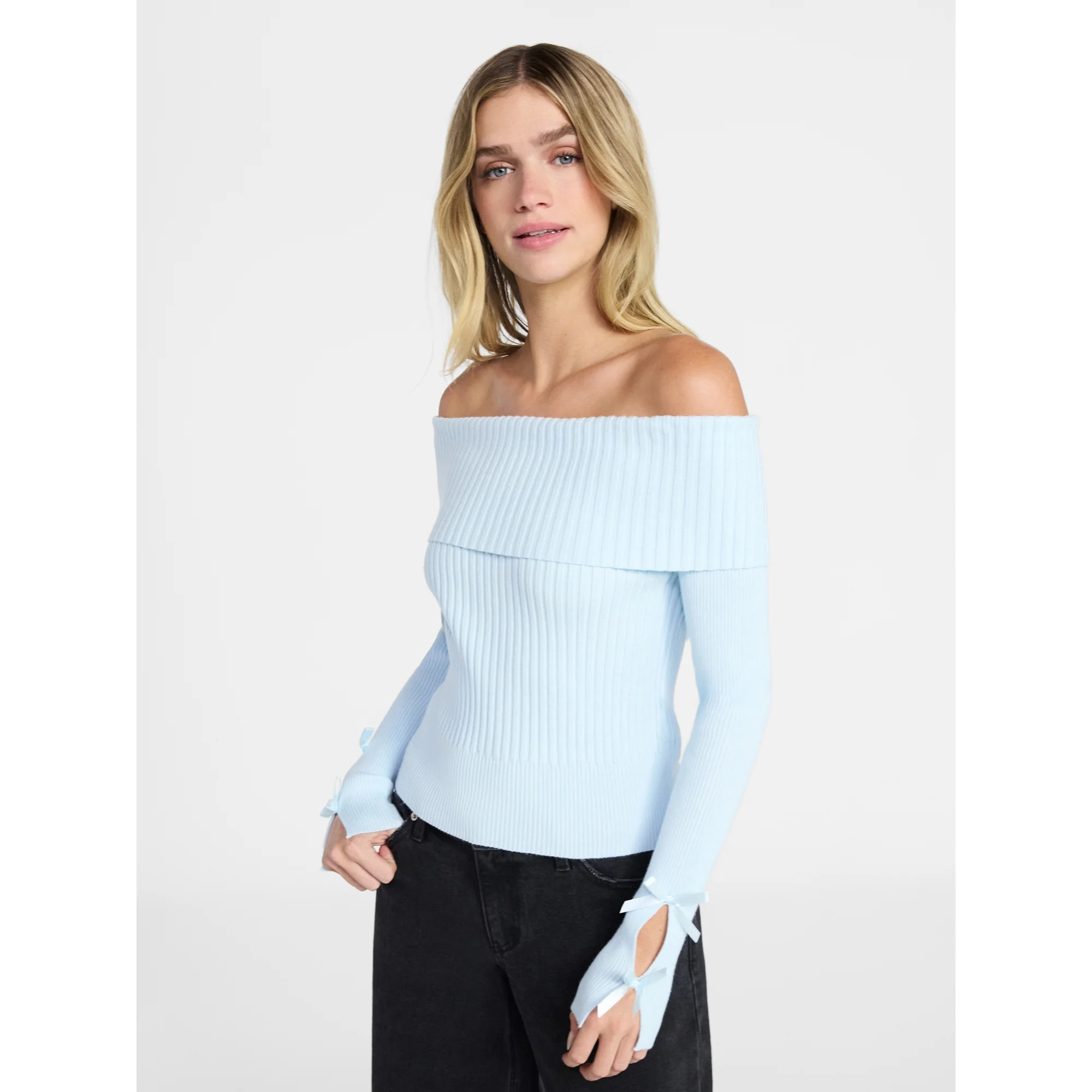 No Boundaries Off-The-Shoulder Pullover Top with Bow Sleeves, Women’s XXS-XXL | Walmart (US)