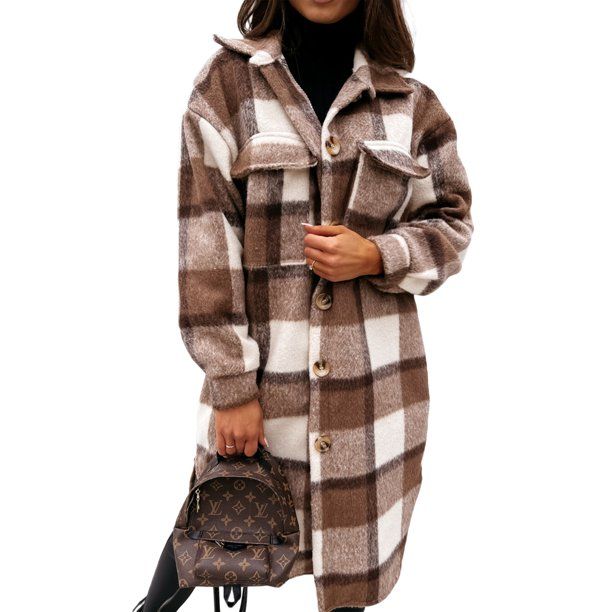 Canrulo Womens Casual Plaid Shacket Jacket Coat Winter Loose Oversize Shirts Coffee S - Walmart.c... | Walmart (US)