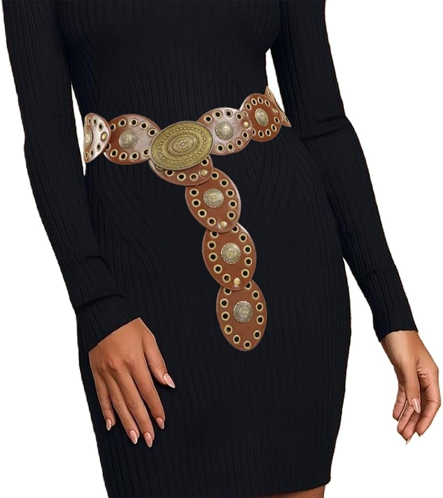 Western-Wide-Disc-Belt for Womens-Oval-Belt - Vintage Hollow-Rivet Cowgirl-Boho-PU-Leather-Belt f... | Amazon (US)