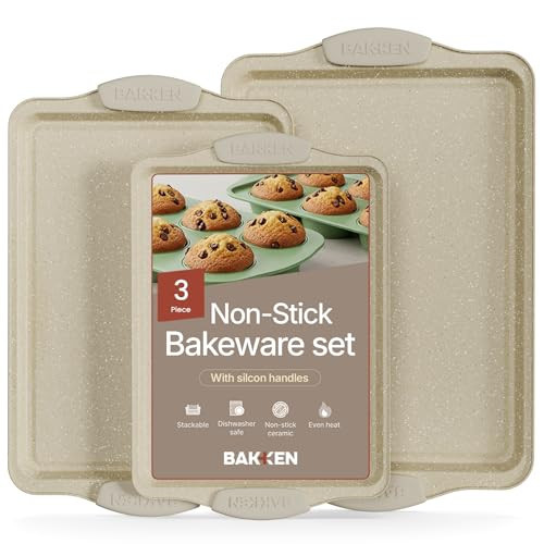 BAKKEN Cookie Sheets for Baking Nonstick Set - 3-Piece Stackable Carbon Steel Baking Sheet Pans Set with Silicone Handles, Non Toxic Cookie Sheets for Baking Bakeware Set - White Marble | Amazon (US)