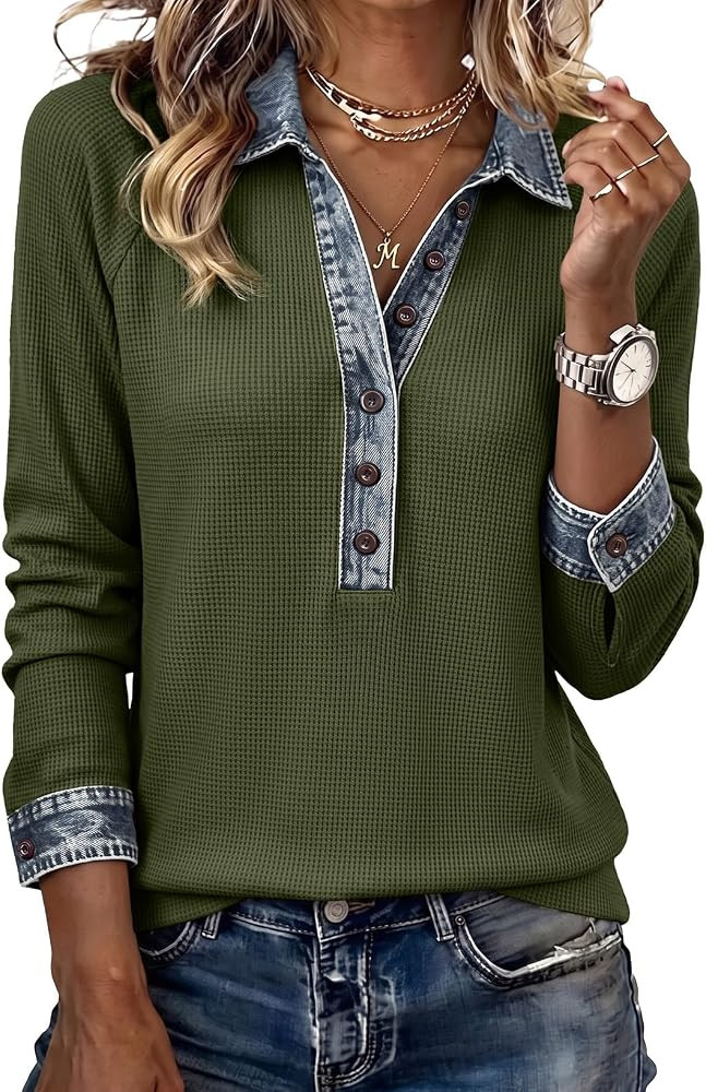 EVALESS Womens Sweatshirt Waffle Knit Denim Patchwork Long Sleeve Tops | Amazon (US)