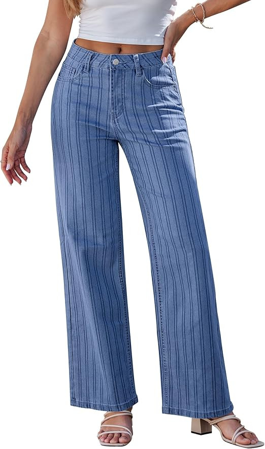 GRAPENT Striped Jeans for Women Trendy High Waisted Wide Leg Dressy Casual Slight Stretch Denim P... | Amazon (US)