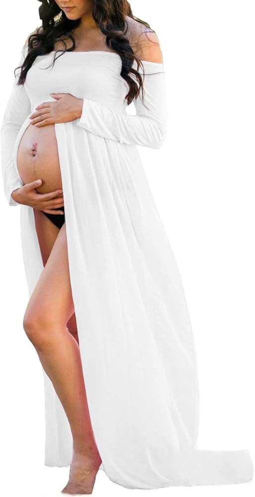 Maternity Dress for Photography Off Shoulder Long Sleeve Chiffon Gown Split Front Maxi Pregnancy ... | Amazon (US)