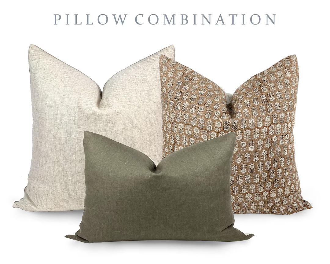 PILLOW COMBO | Warm Neutrals, Beige Woven Pillow, Camel Floral Pillow, Green Pillow, Pillow Combi... | Etsy (US)