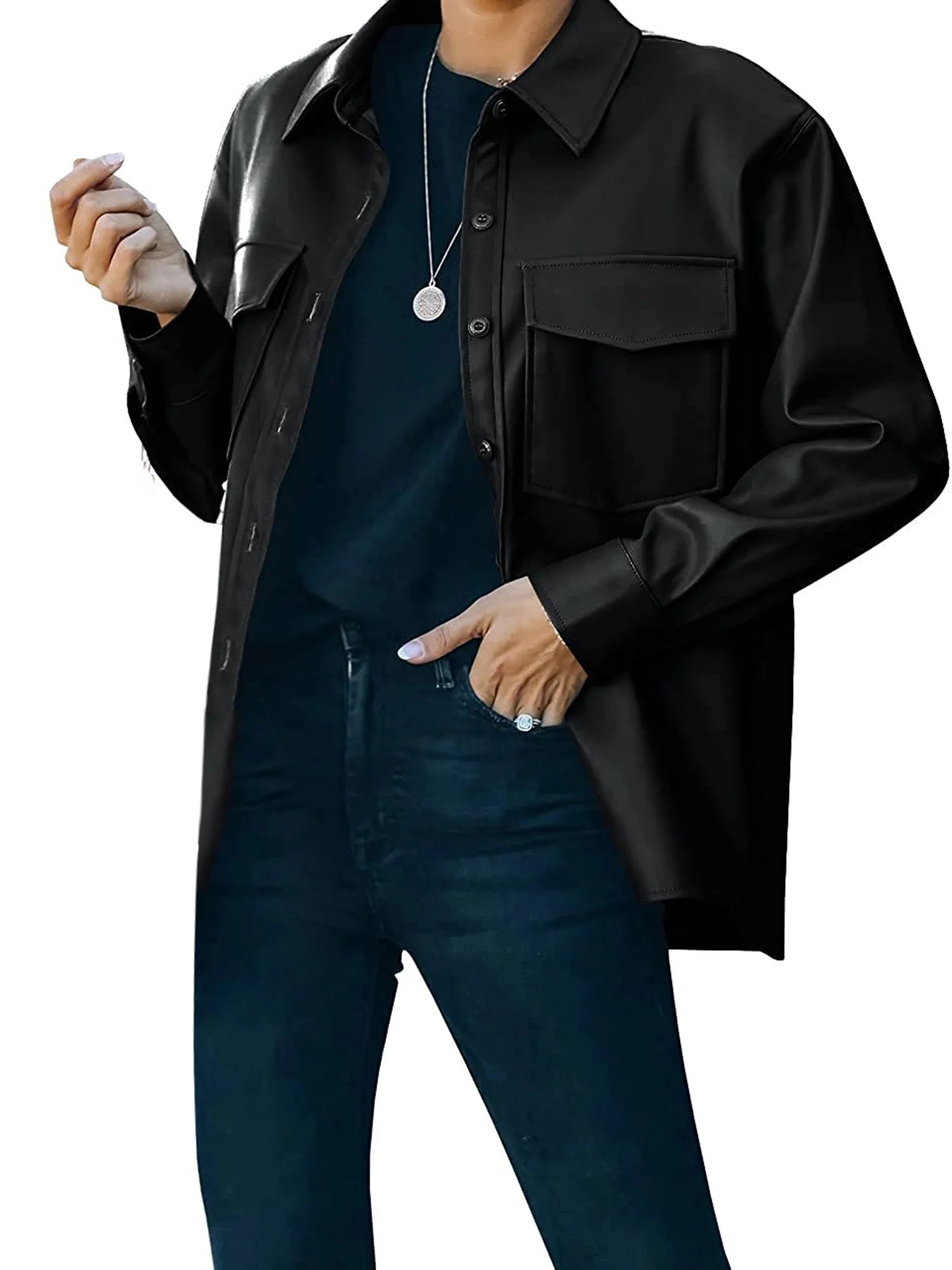 Afunbaby Womens Button Front Faux PU Leather Jacket Shacket Casual Shirt Long Sleeve Blazer Coat | Walmart (US)