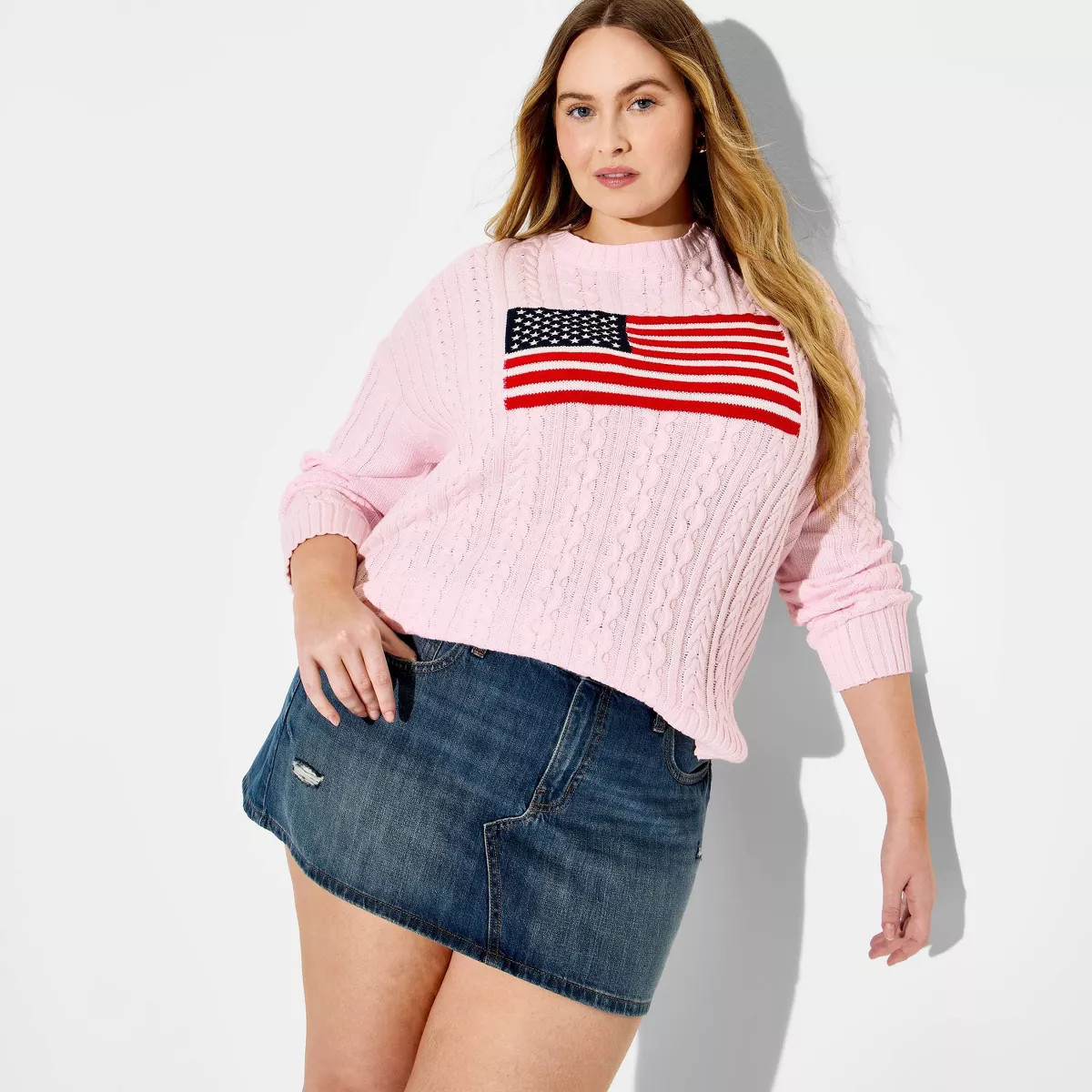 Women's Crewneck Americana Flag Pullover Sweater - Wild Fable™ Light Pink Flags 1X | Target