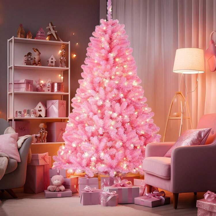 SHARECONN 4/6ft Prelit Premium Artificial Hinged Christmas Tree With 170/330 Warm White & Multi-Color Lights, 414/952 Branch Tips And Foldable Metal Stand, Perfect Choice For Xmas Decoration, 4/6 FT,Pink | SHEIN
