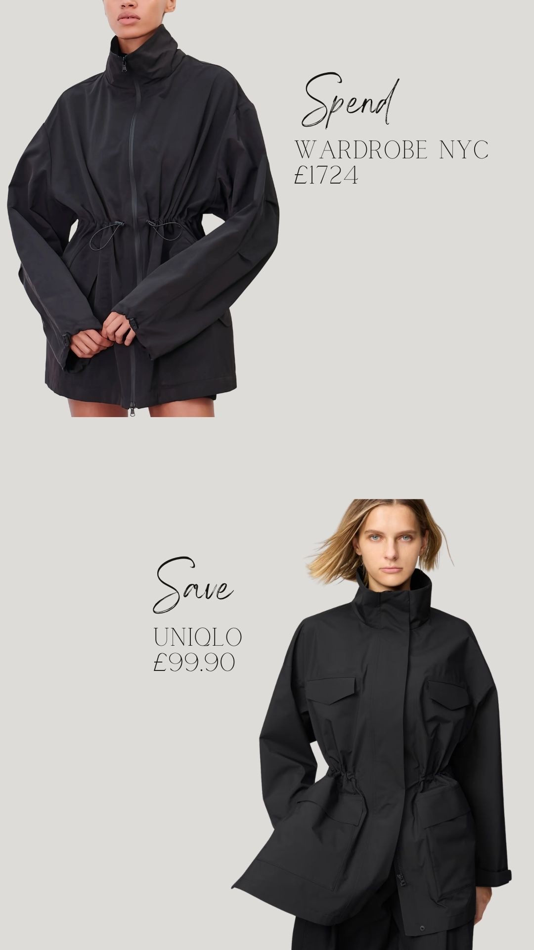Spend or save! The new Uniqlo jacket
Vs the NYC Wardrobe dupe 
