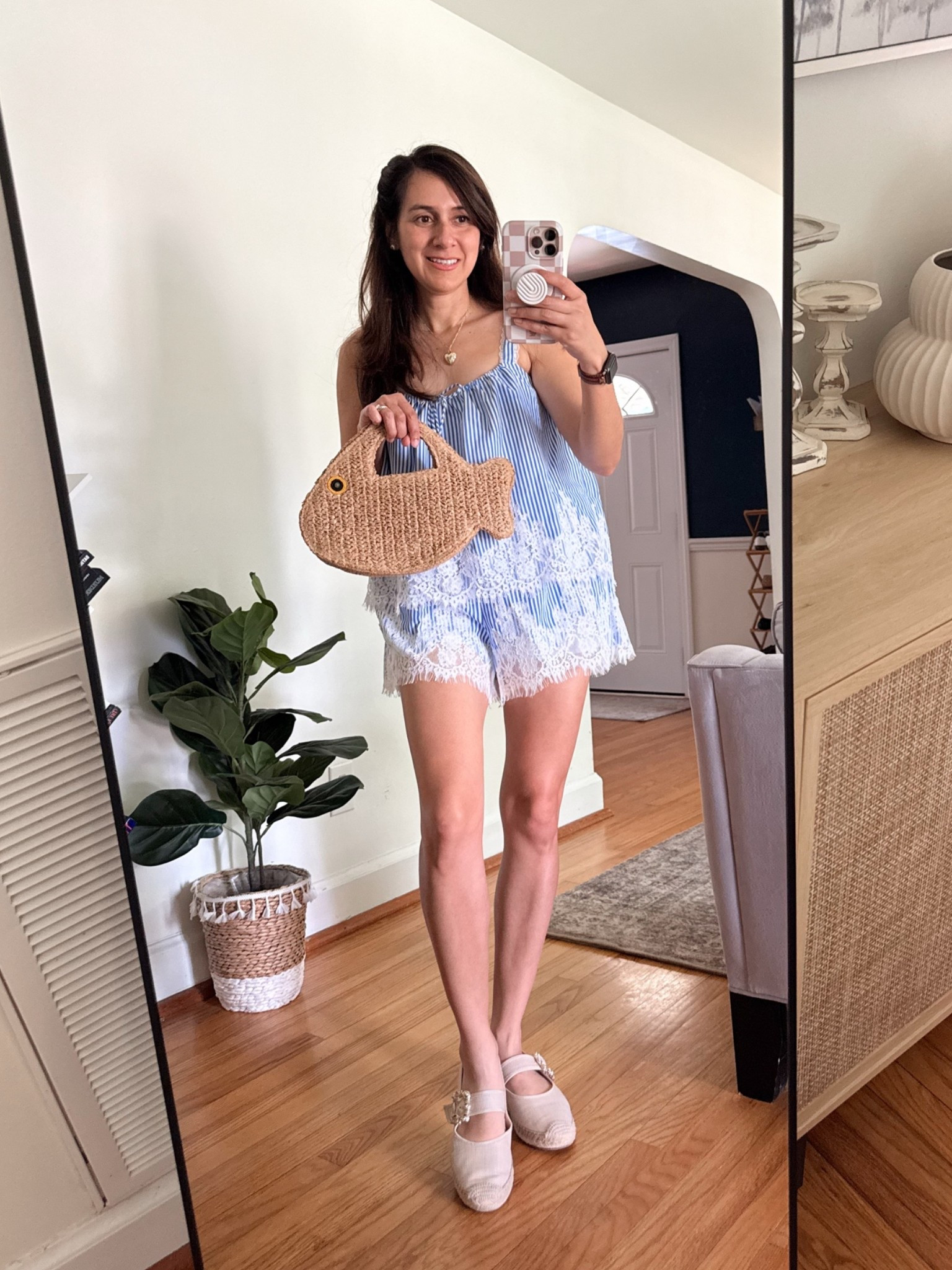 Looking for a cute summer outfit  that feels feminine, lightweight, and easy to wear in the heat? This blue-and-white striped set is such a pretty warm-weather find. Also I link a stripe romper.. so cute and never boring

The delicate lace trim, relaxed fit, makes it perfect for beach vacations, brunch, pool days, summer errands, or casual weekend plans. I styled it with woven Mary Jane flats and a playful fish-shaped straw bag for an effortless coastal-inspired outfit.

#LTKdayinmylife #LTKootd #LTKOver40