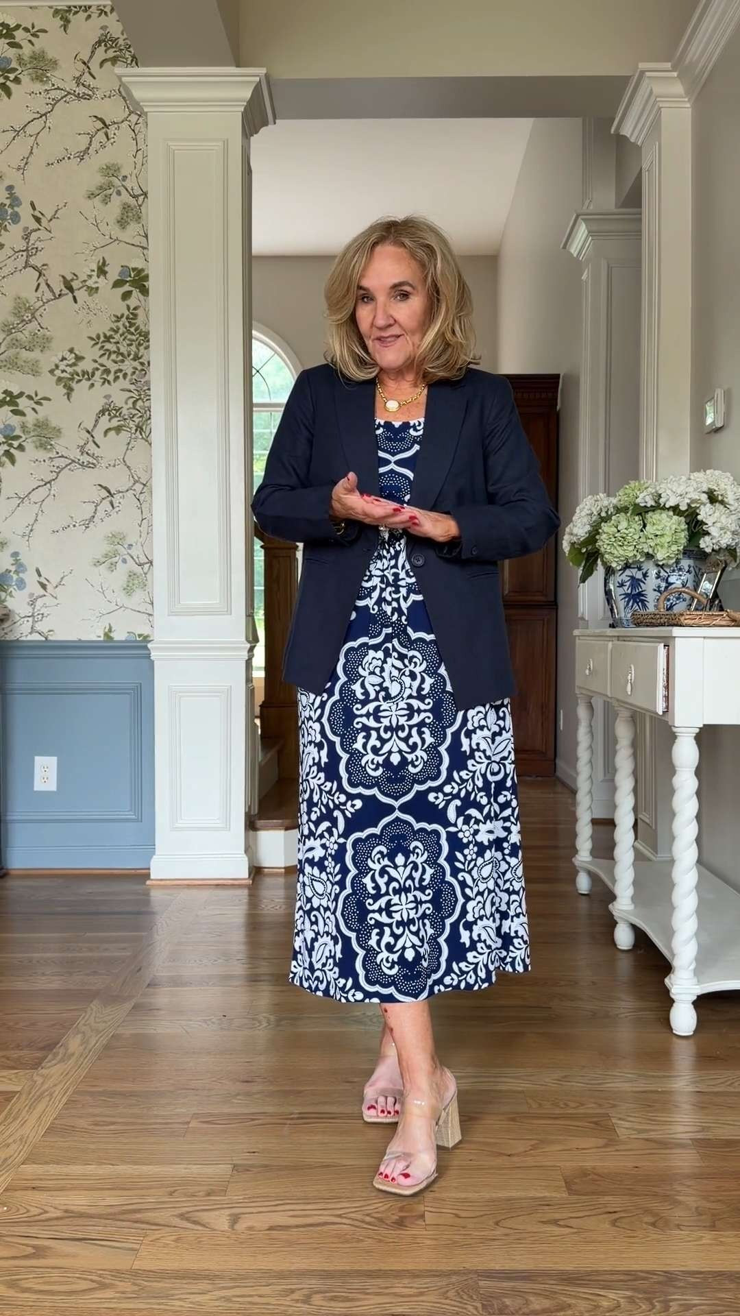A printed midi dress that works for so many occasions. Styled with a navy blazer for a polished look perfect for work conferences, church, office days, travel, cruises, volunteer events, and summer gatherings 🫶🏻 

 #LTKootd #LTKOver40 #LTKSaleAlert