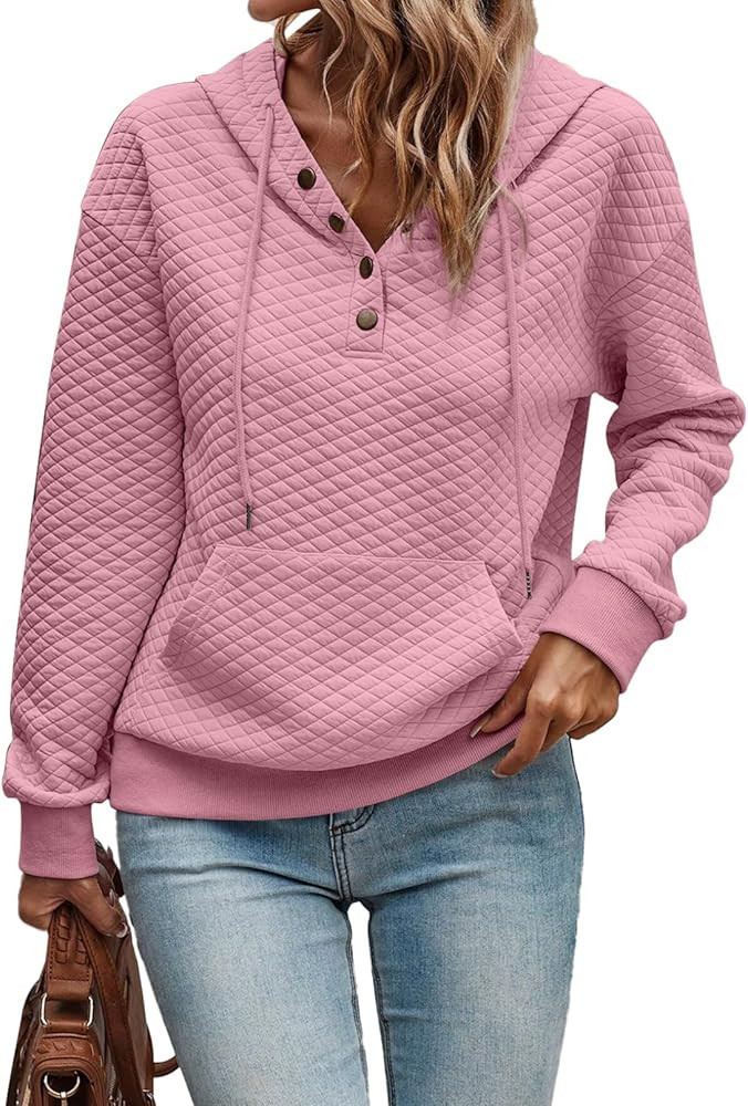 SHEWIN Women's Hoodies Casual Long Sleeve Quilted Half Button Drop Shoulder Pullover Tops Loose D... | Amazon (US)
