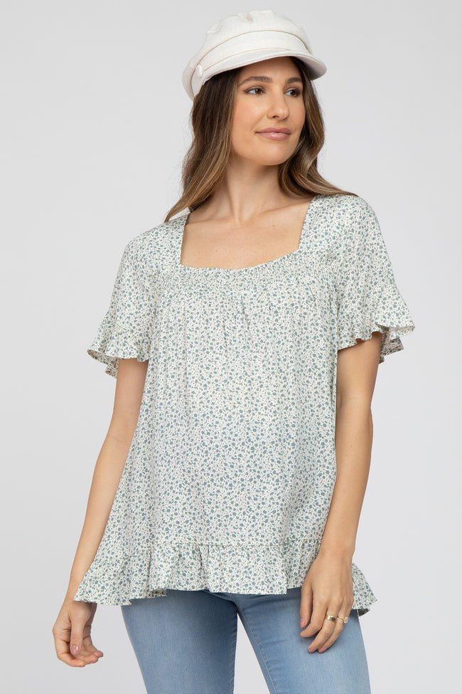 Ivory Floral Square Neck Ruffle Hem Maternity Top | PinkBlush Maternity