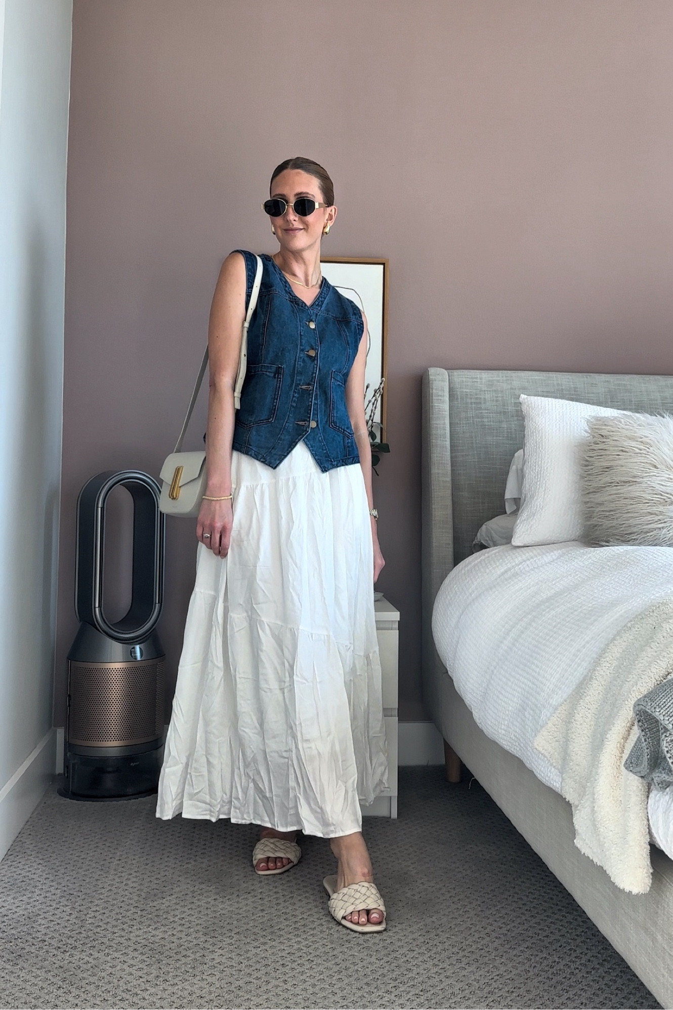 Summer outfit idea. Would be perfect for the 4th of July. White maxi skirt, denim vest and sandals 

Full look is from Amazon  

#LTKStyleTip #LTKFindsUnder50 #LTKFindsUnder100