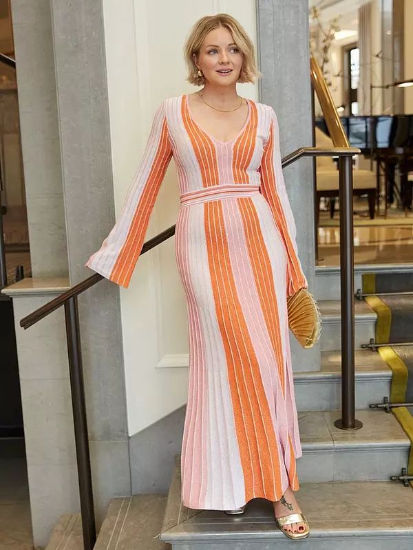 V by Very X Laura Byrnes Lurex Multi Stripe Midi Dress - Pink/Orange | Very (UK)