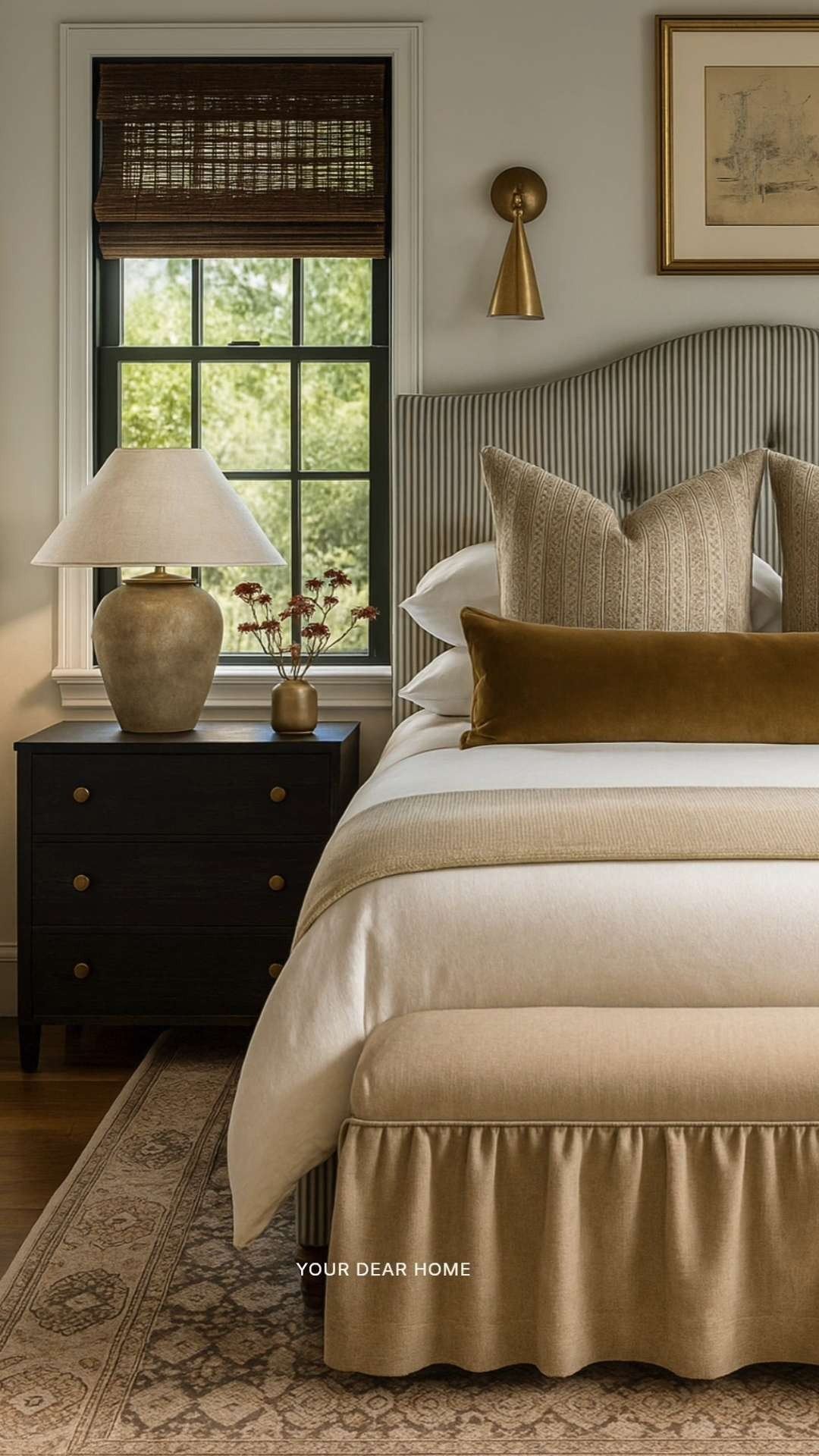 Neutral bedroom with soft textures, striped detailing, and warm accents that bring in depth while keeping the space calm, refined, and timeless. 

 #LTKHome