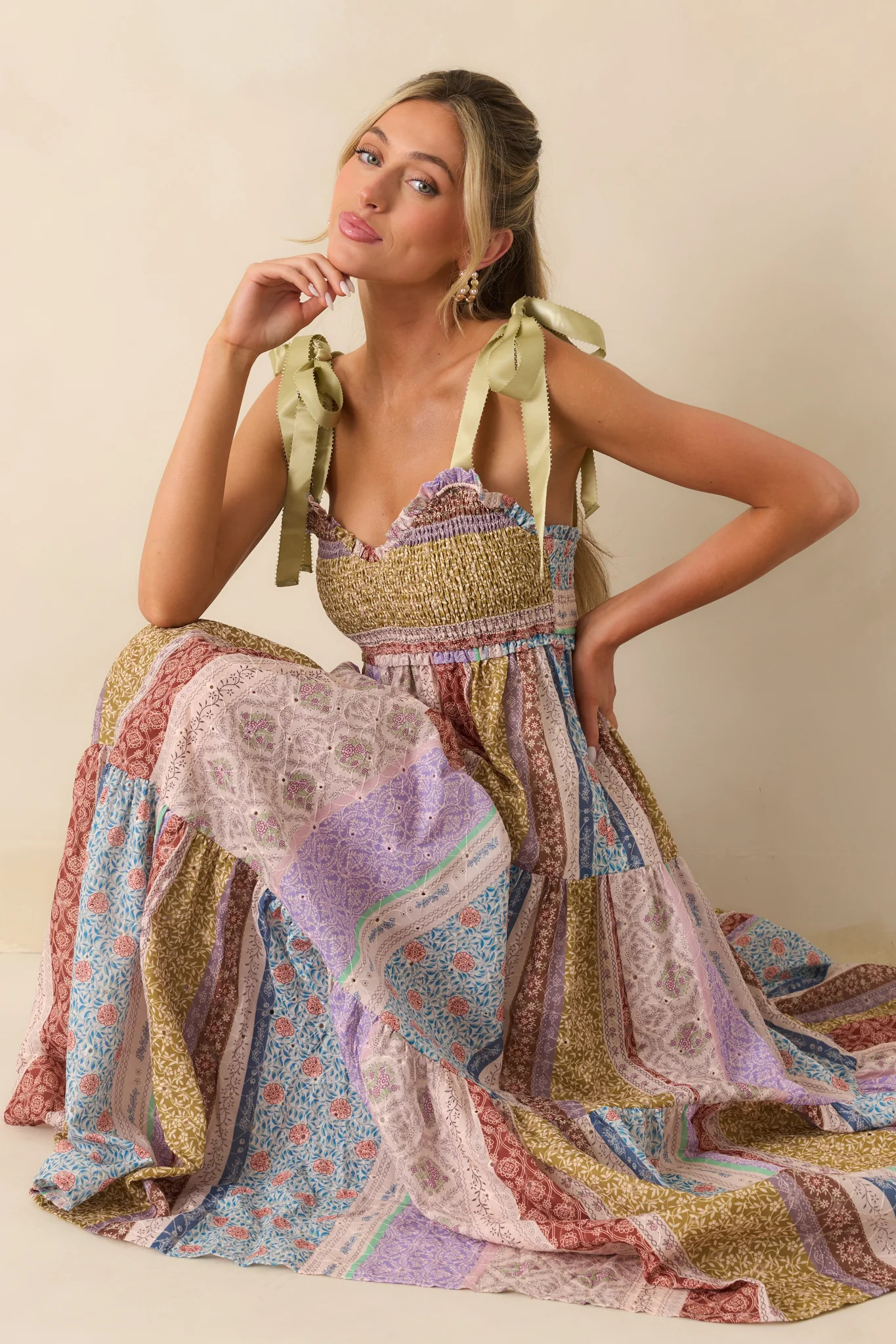 Sweeter Somehow Lavender Floral Print Patchwork Embroidered Maxi Dress | Red Dress