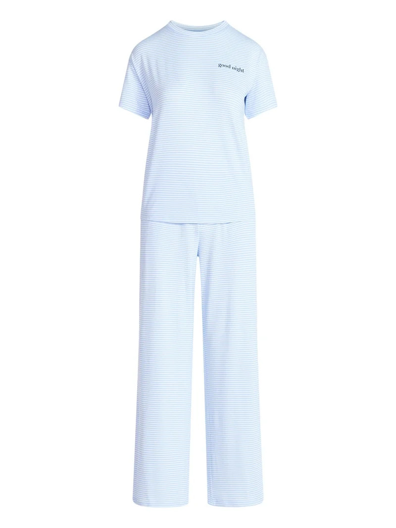 Joyspun Women's Dreamy Soft Collection Short Sleeve Sleep Top and Open Leg Pants Pajama Set, 2-Pi... | Walmart (US)