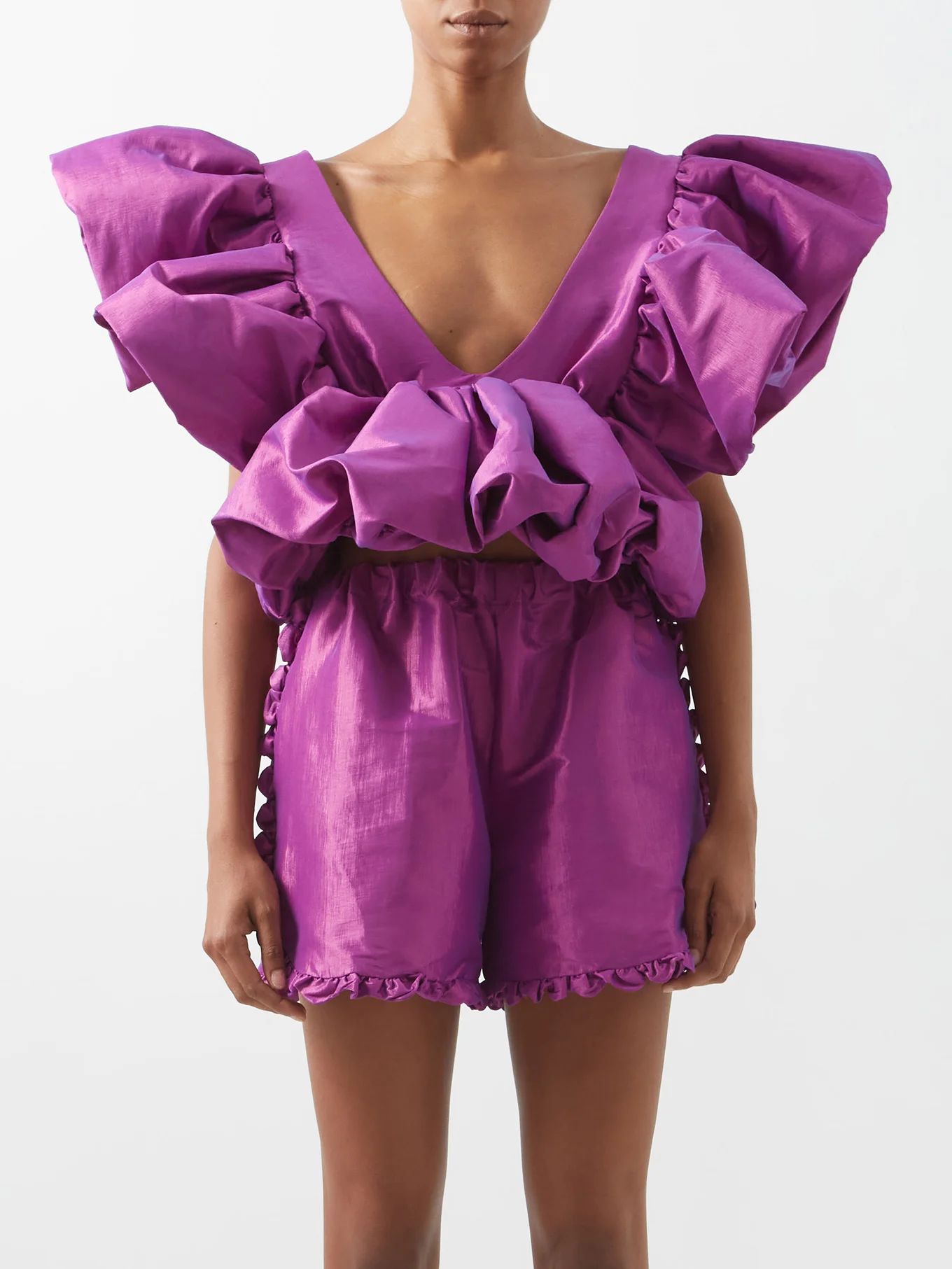 Nia plunge-front ruffled silk-blend taffeta top | Kika Vargas | Matches (US)